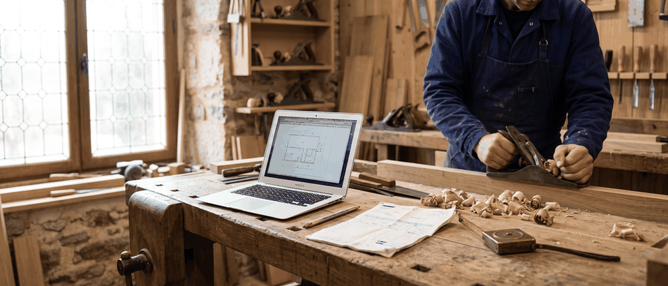 Établi d'artisan avec un ordinateur portable ouvert à côté d'une facture papier, avant le passage à la facture électronique